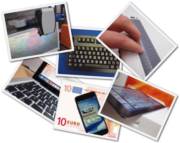 Bildcollage mit iPhone, iPad, Tastatur, Braillezeile, Mac und Bildschirmlesegerät